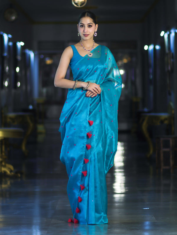 Banarasee Handwoven Tissue Saree With Handwoven Pearl Motifs-Blue