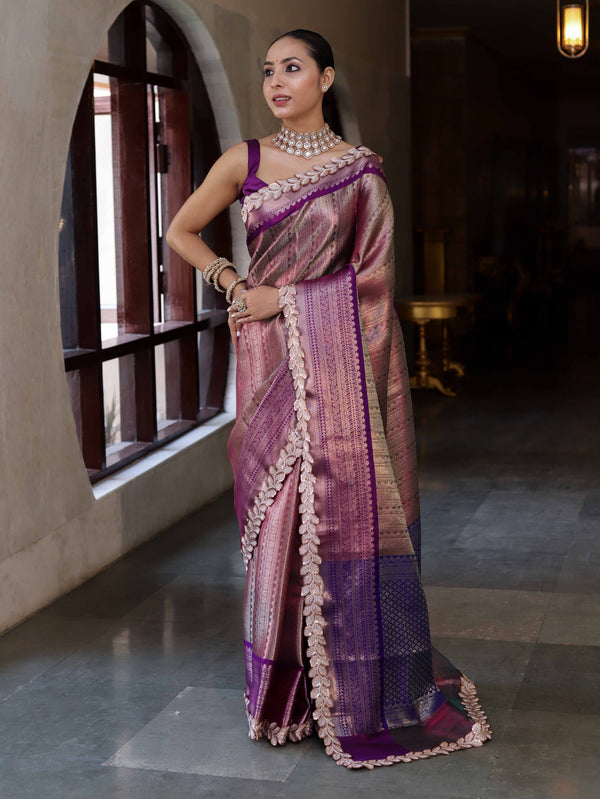 Banarasee Handwoven Dual Tone Tissue Saree With Zari Woven Design Contrast Border & Lace-Pink & Violet