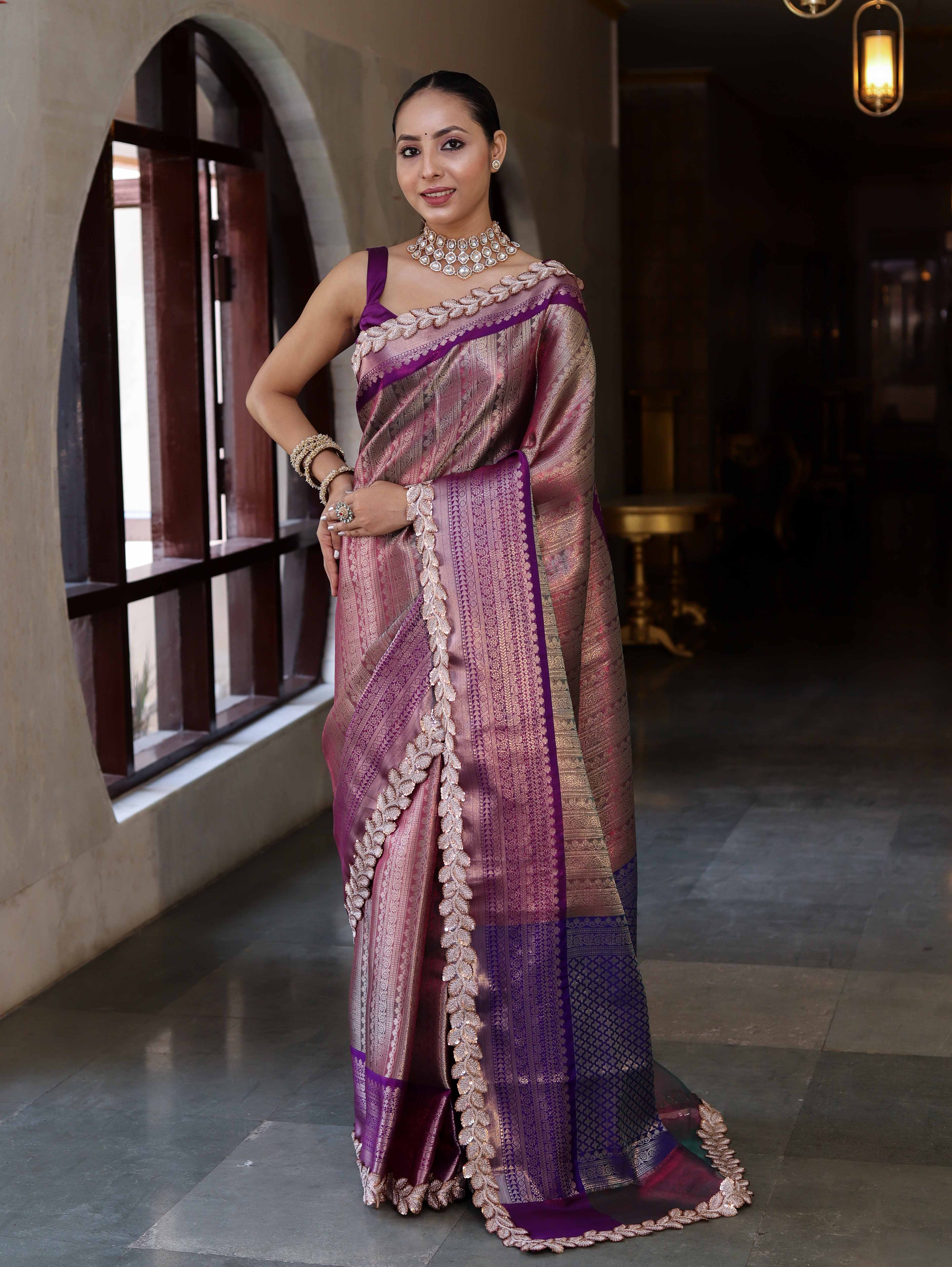 Banarasee Handwoven Dual Tone Tissue Saree With Zari Woven Design Contrast Border & Lace-Pink & Violet