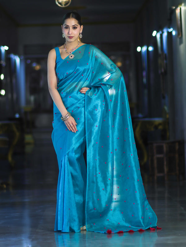 Banarasee Handwoven Tissue Saree With Handwoven Pearl Motifs-Blue