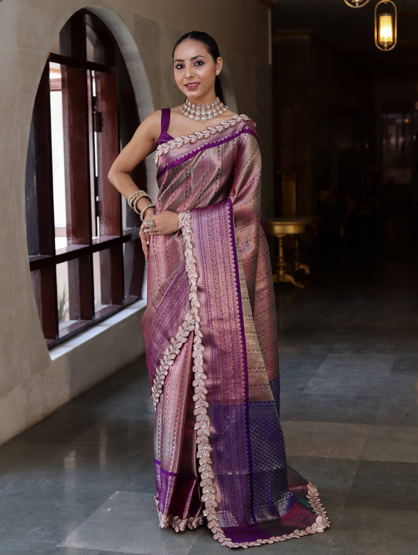 Banarasee Handwoven Dual Tone Tissue Saree With Zari Woven Design Contrast Border & Lace-Pink & Violet