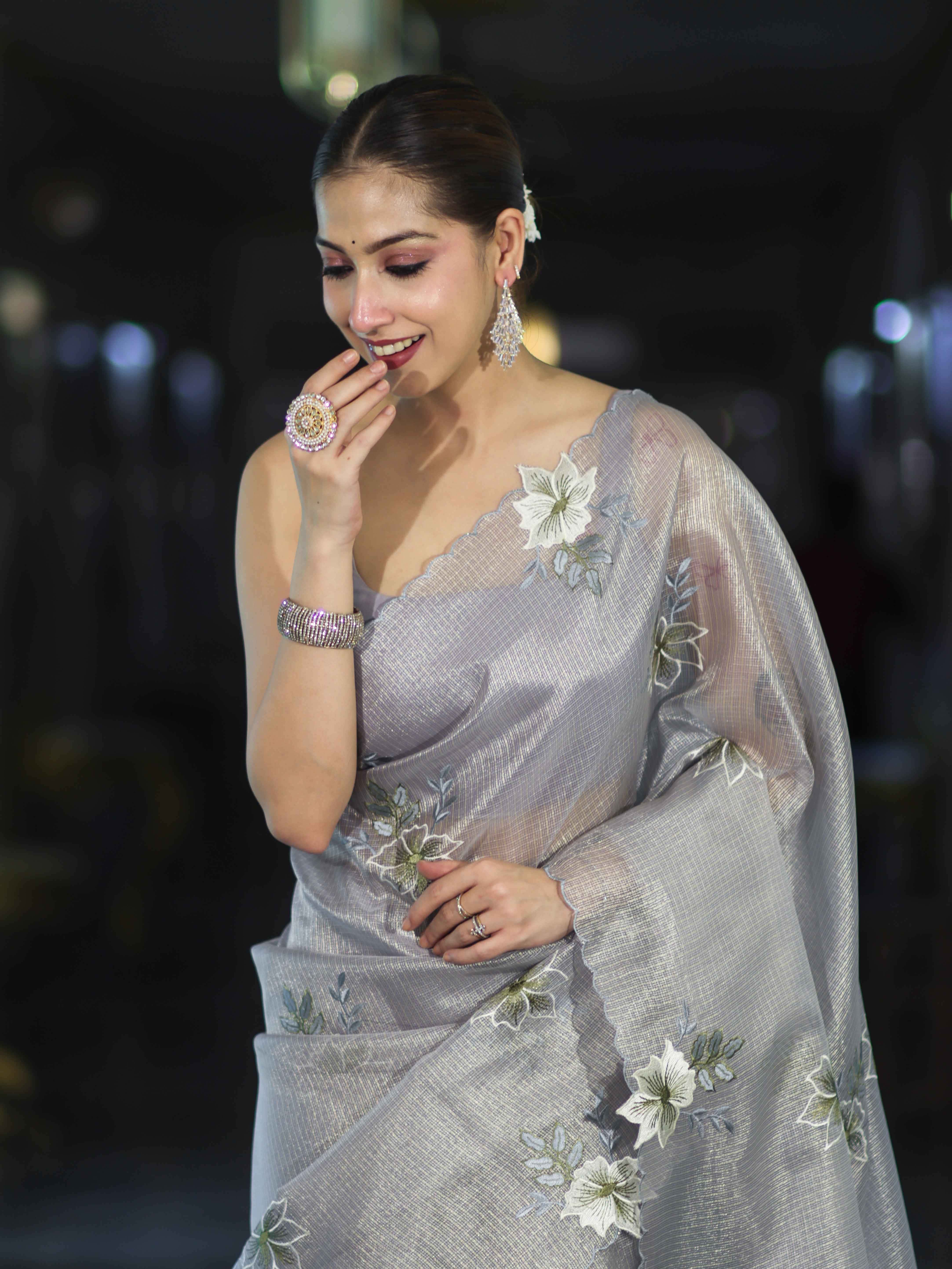 Banarasee Tissue Saree With Resham Embroidery Applique Work Pallu & Scallop Border-Light Blue