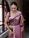 Banarasee Handwoven Dual Tone Tissue Saree With Zari Woven Design Contrast Border & Lace-Pink & Violet