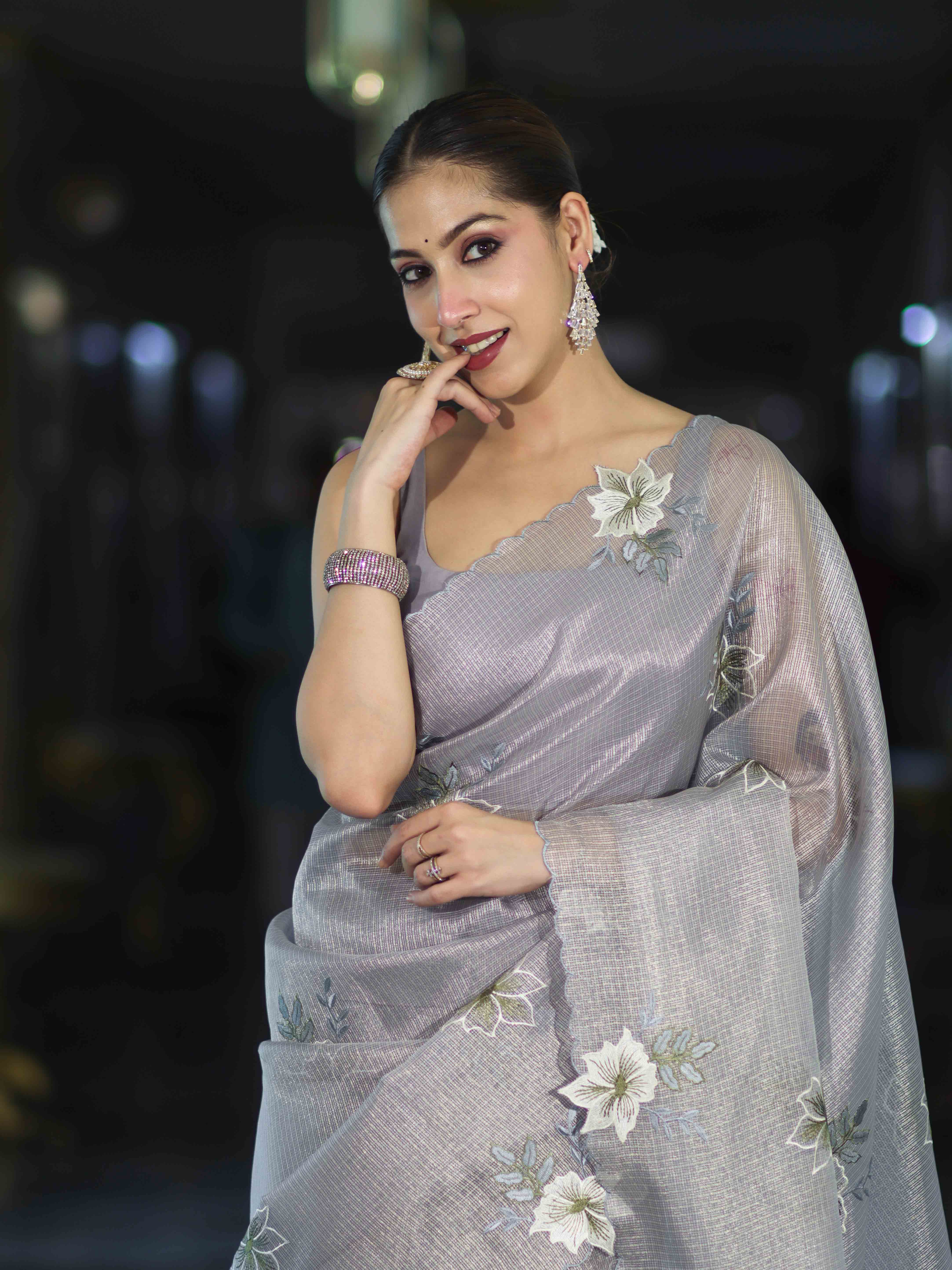 Banarasee Tissue Saree With Resham Embroidery Applique Work Pallu & Scallop Border-Light Blue