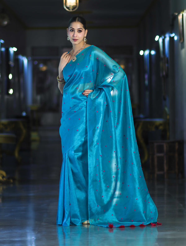 Banarasee Handwoven Tissue Saree With Handwoven Pearl Motifs-Blue