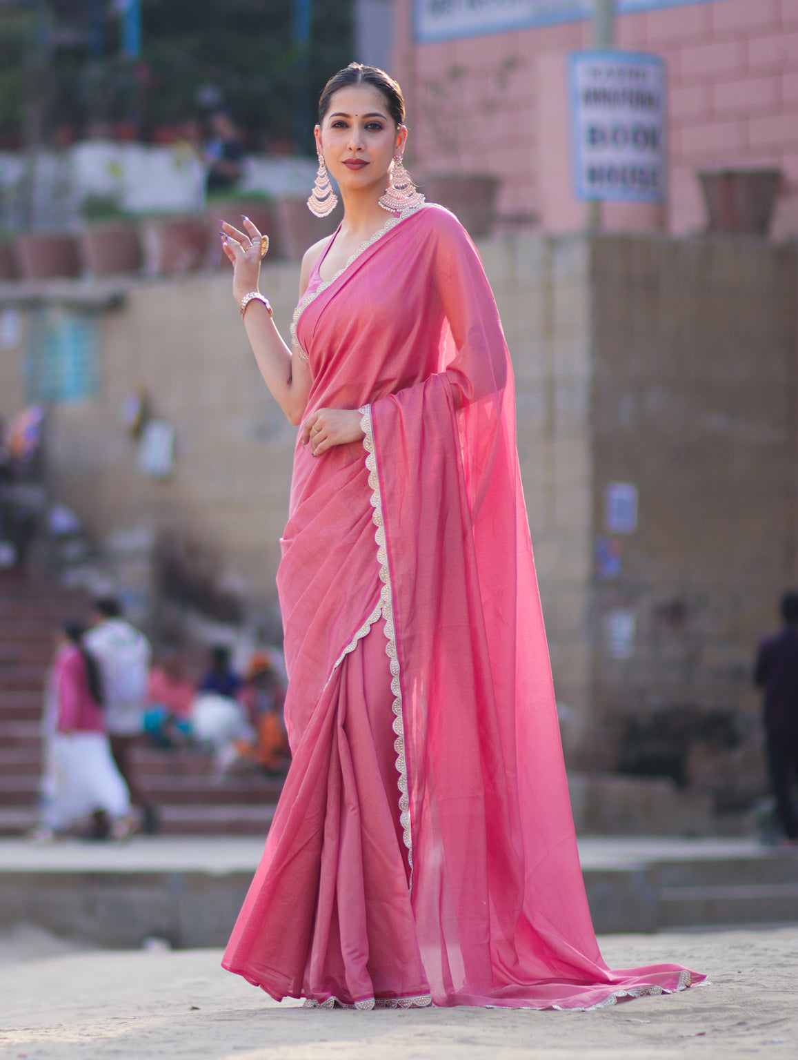 Banarasee Handwoven Shimmer Silk Saree With Lace-Pink