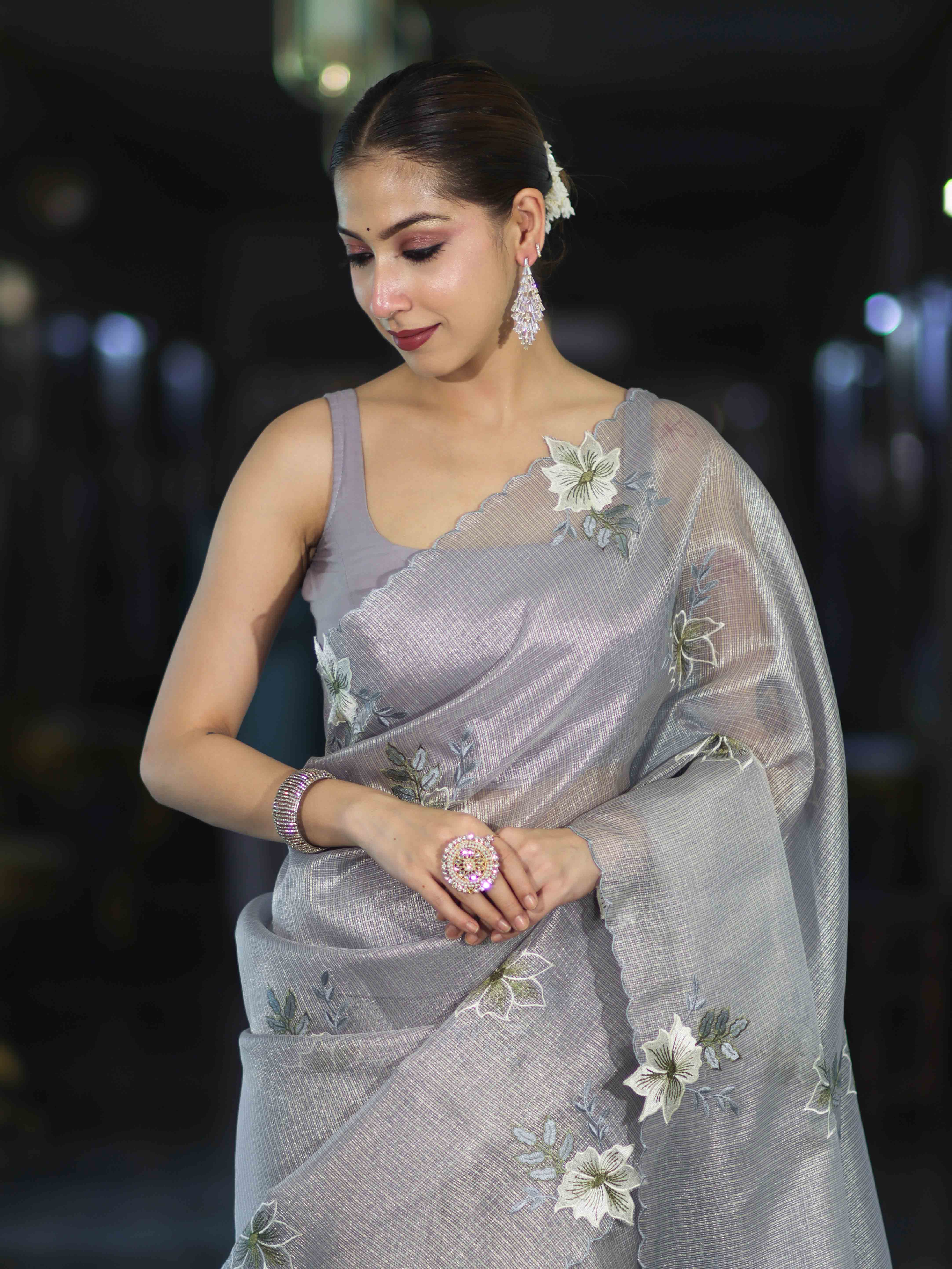 Banarasee Tissue Saree With Resham Embroidery Applique Work Pallu & Scallop Border-Light Blue