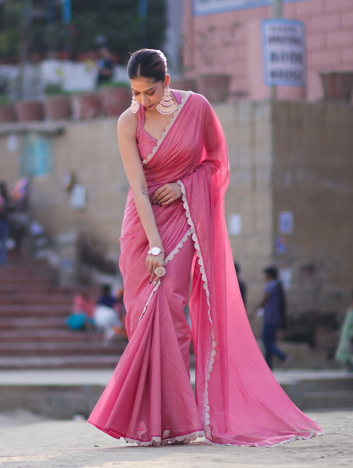 Banarasee Handwoven Shimmer Silk Saree With Lace-Pink