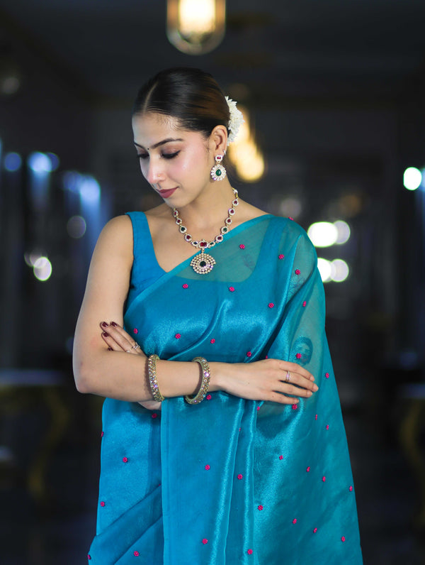 Banarasee Handwoven Tissue Saree With Handwoven Pearl Motifs-Blue