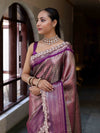 Banarasee Handwoven Dual Tone Tissue Saree With Zari Woven Design Contrast Border & Lace-Pink & Violet
