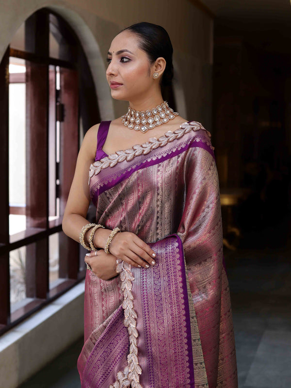 Banarasee Handwoven Dual Tone Tissue Saree With Zari Woven Design Contrast Border & Lace-Pink & Violet
