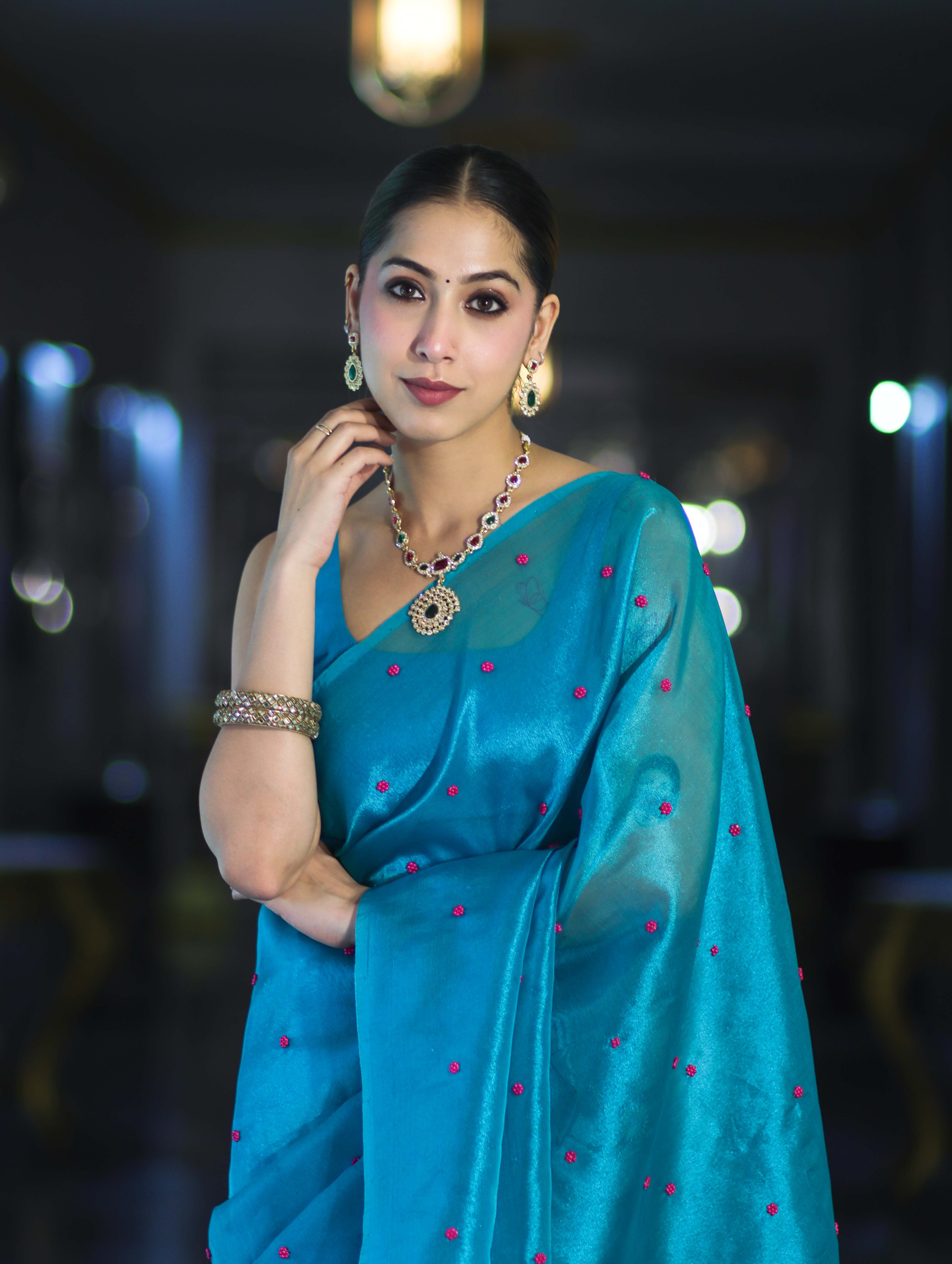 Banarasee Handwoven Tissue Saree With Handwoven Pearl Motifs-Blue