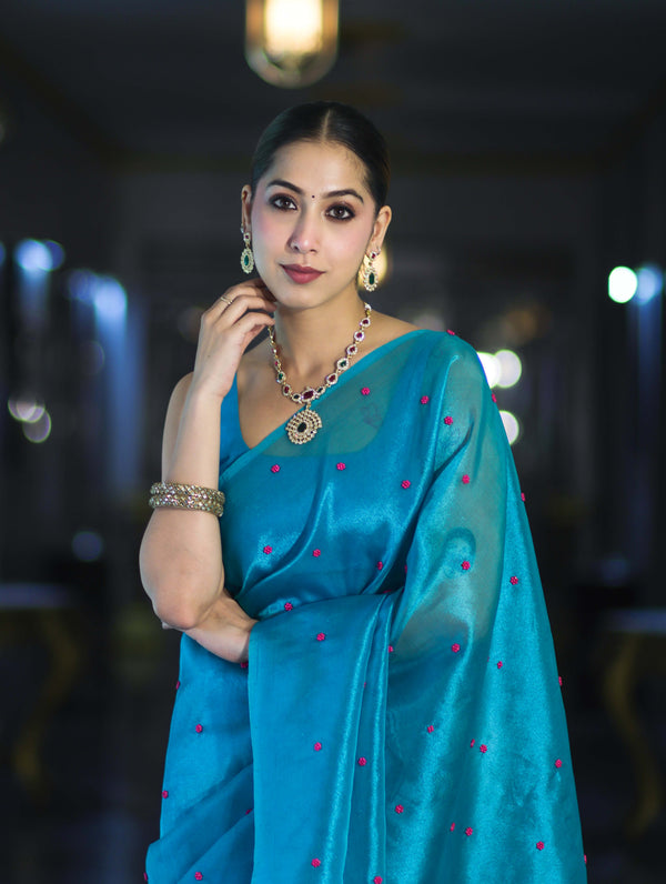 Banarasee Handwoven Tissue Saree With Handwoven Pearl Motifs-Blue