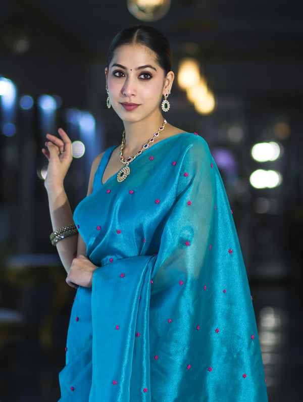 Banarasee Handwoven Tissue Saree With Handwoven Pearl Motifs-Blue