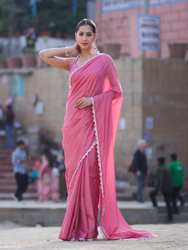 Banarasee Handwoven Shimmer Silk Saree With Lace-Pink