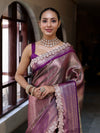 Banarasee Handwoven Dual Tone Tissue Saree With Zari Woven Design Contrast Border & Lace-Pink & Violet