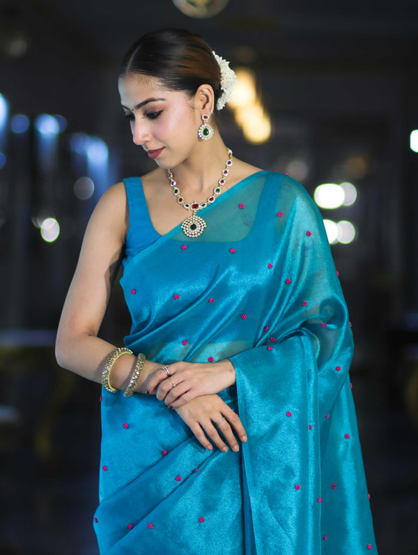 Banarasee Handwoven Tissue Saree With Handwoven Pearl Motifs-Blue