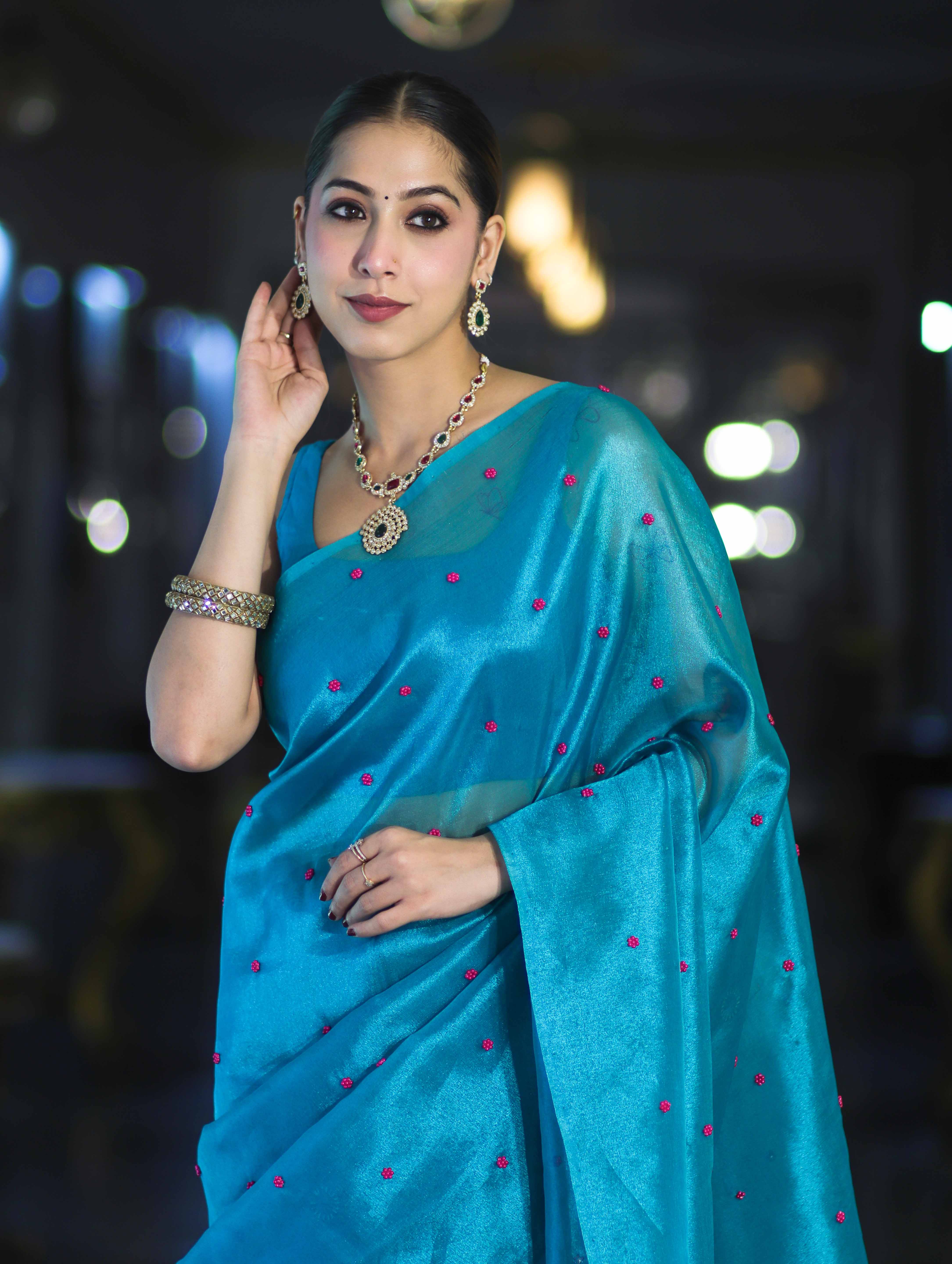 Banarasee Handwoven Tissue Saree With Handwoven Pearl Motifs-Blue