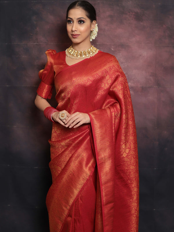 Banarasee Kubera Pattu Soft Silk Saree With Copper Zari Work-Red