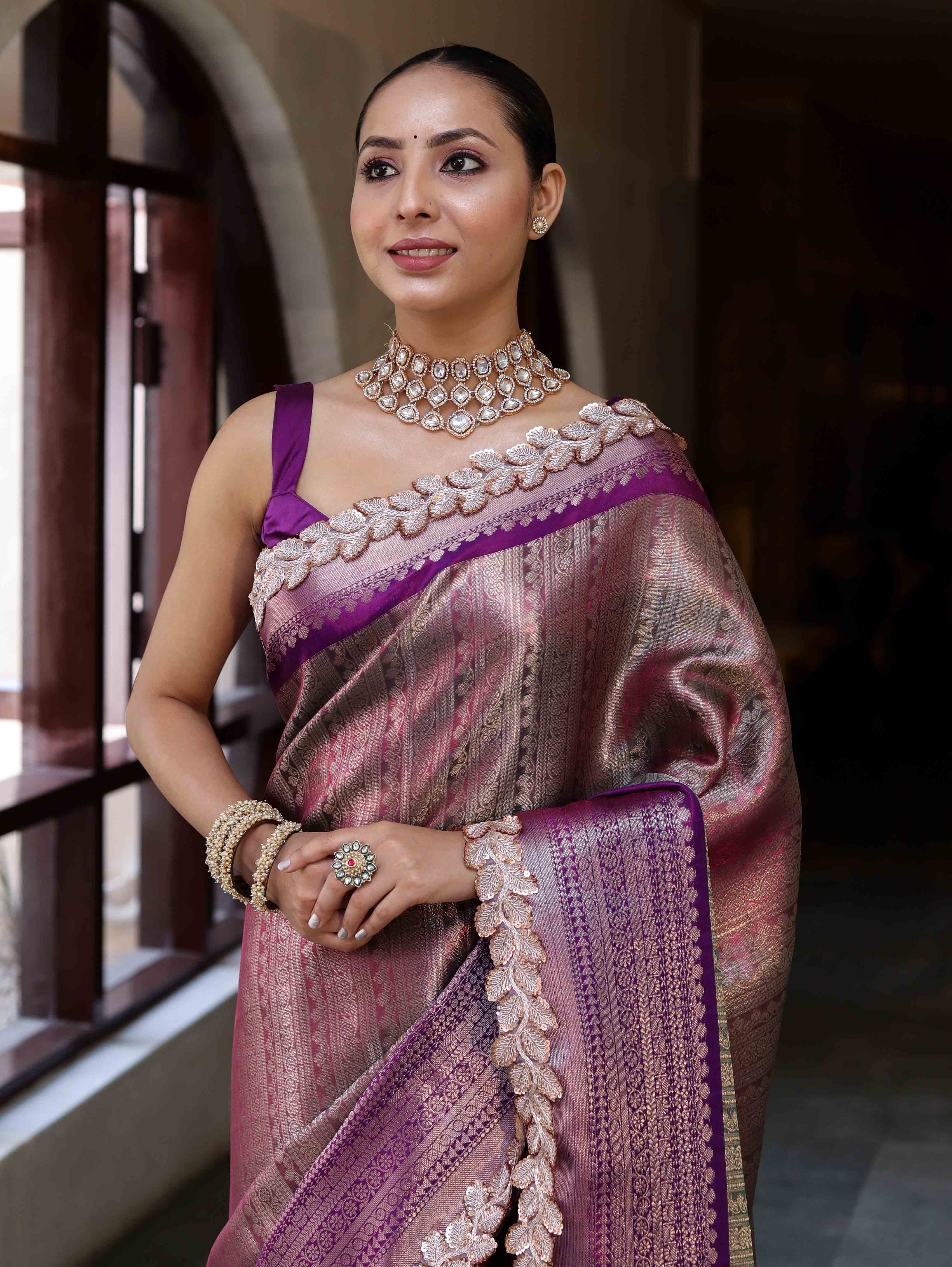 Banarasee Handwoven Dual Tone Tissue Saree With Zari Woven Design Contrast Border & Lace-Pink & Violet