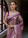 Banarasee Handwoven Dual Tone Tissue Saree With Zari Woven Design Contrast Border & Lace-Pink & Violet