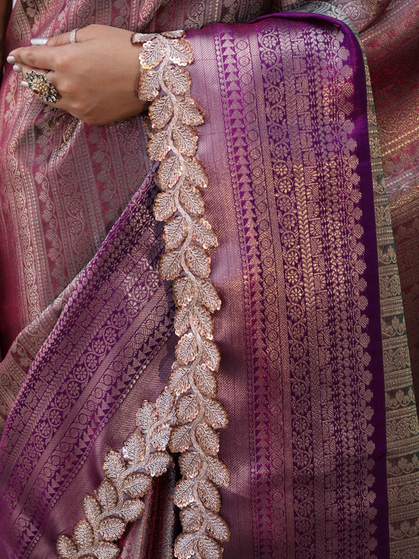 Banarasee Handwoven Dual Tone Tissue Saree With Zari Woven Design Contrast Border & Lace-Pink & Violet