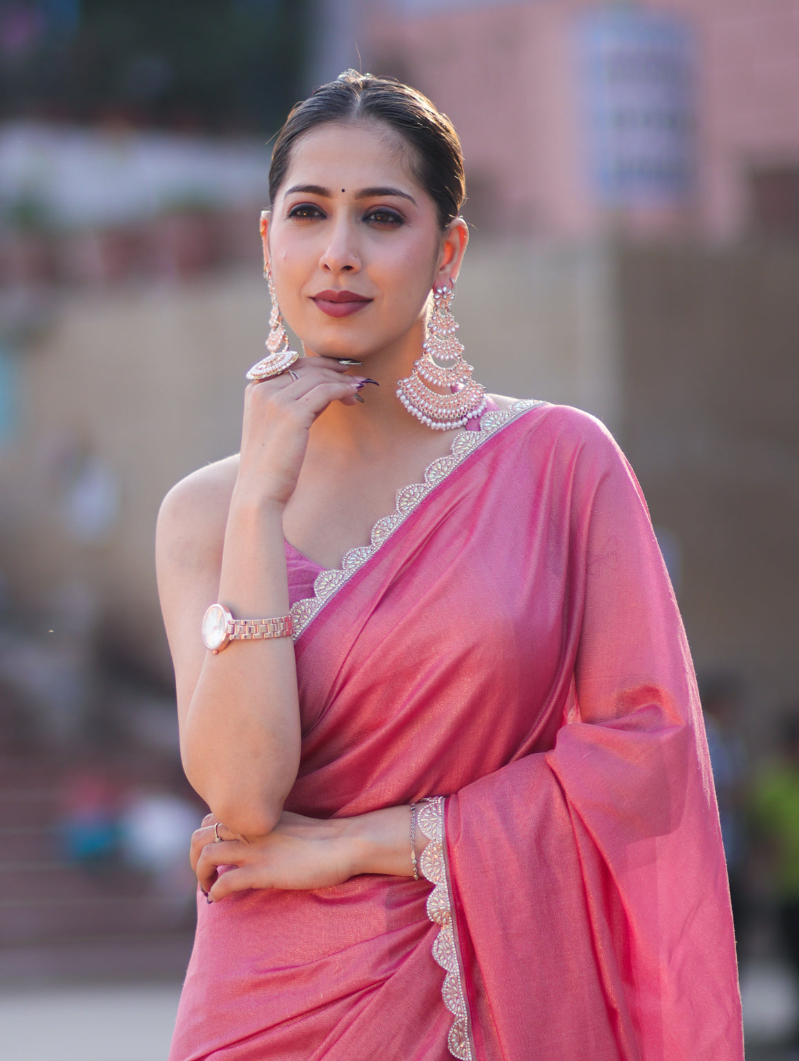 Banarasee Handwoven Shimmer Silk Saree With Lace-Pink