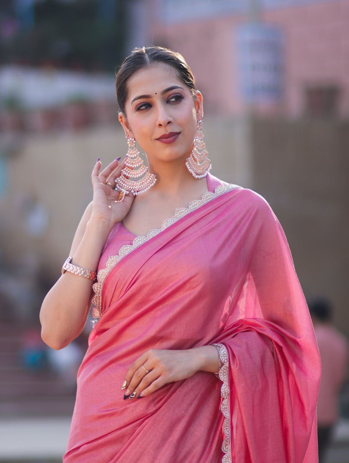 Banarasee Handwoven Shimmer Silk Saree With Lace-Pink