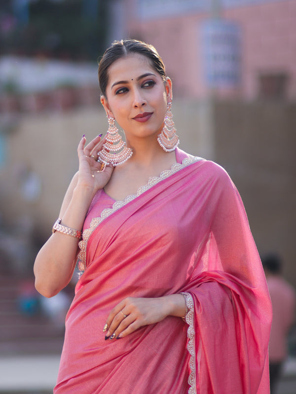 Banarasee Handwoven Shimmer Silk Saree With Lace-Pink