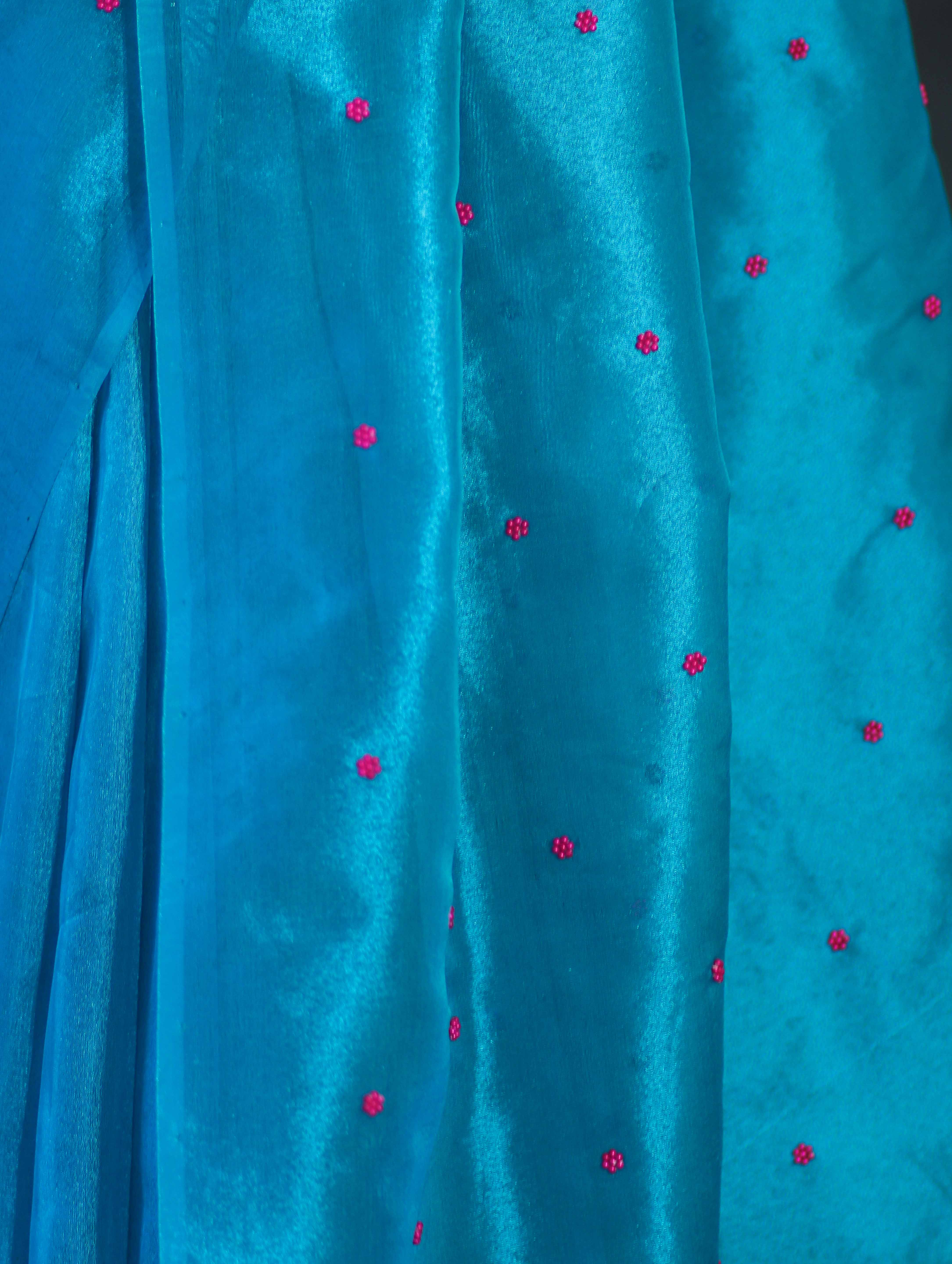 Banarasee Handwoven Tissue Saree With Handwoven Pearl Motifs-Blue