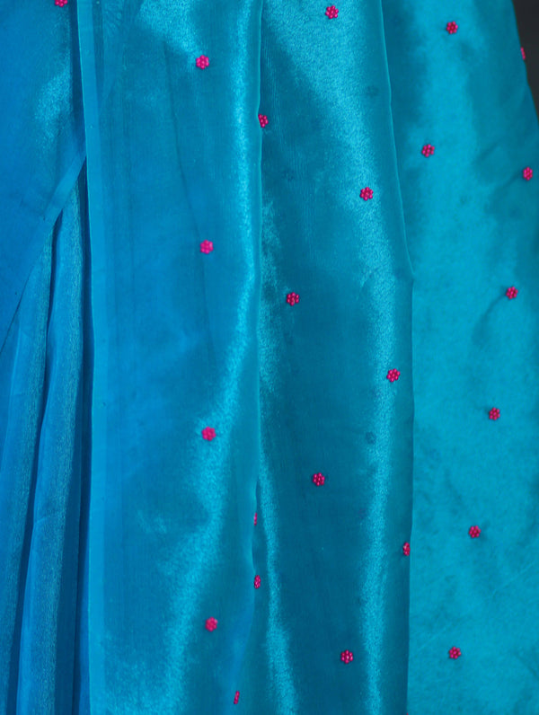 Banarasee Handwoven Tissue Saree With Handwoven Pearl Motifs-Blue