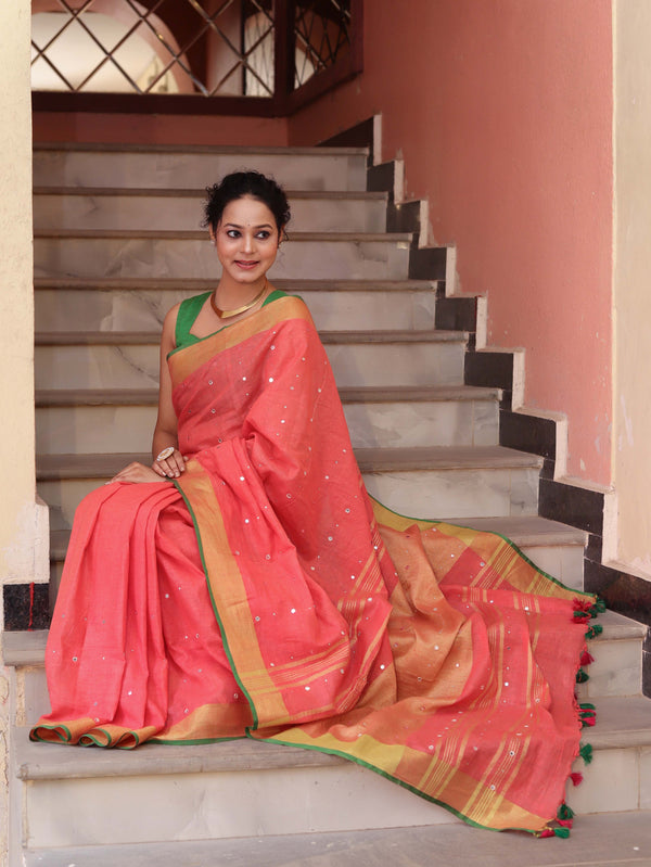 Bhagalpur Handloom Pure Linen Saree With Mirror Work & Contrast Border-Pastel Red