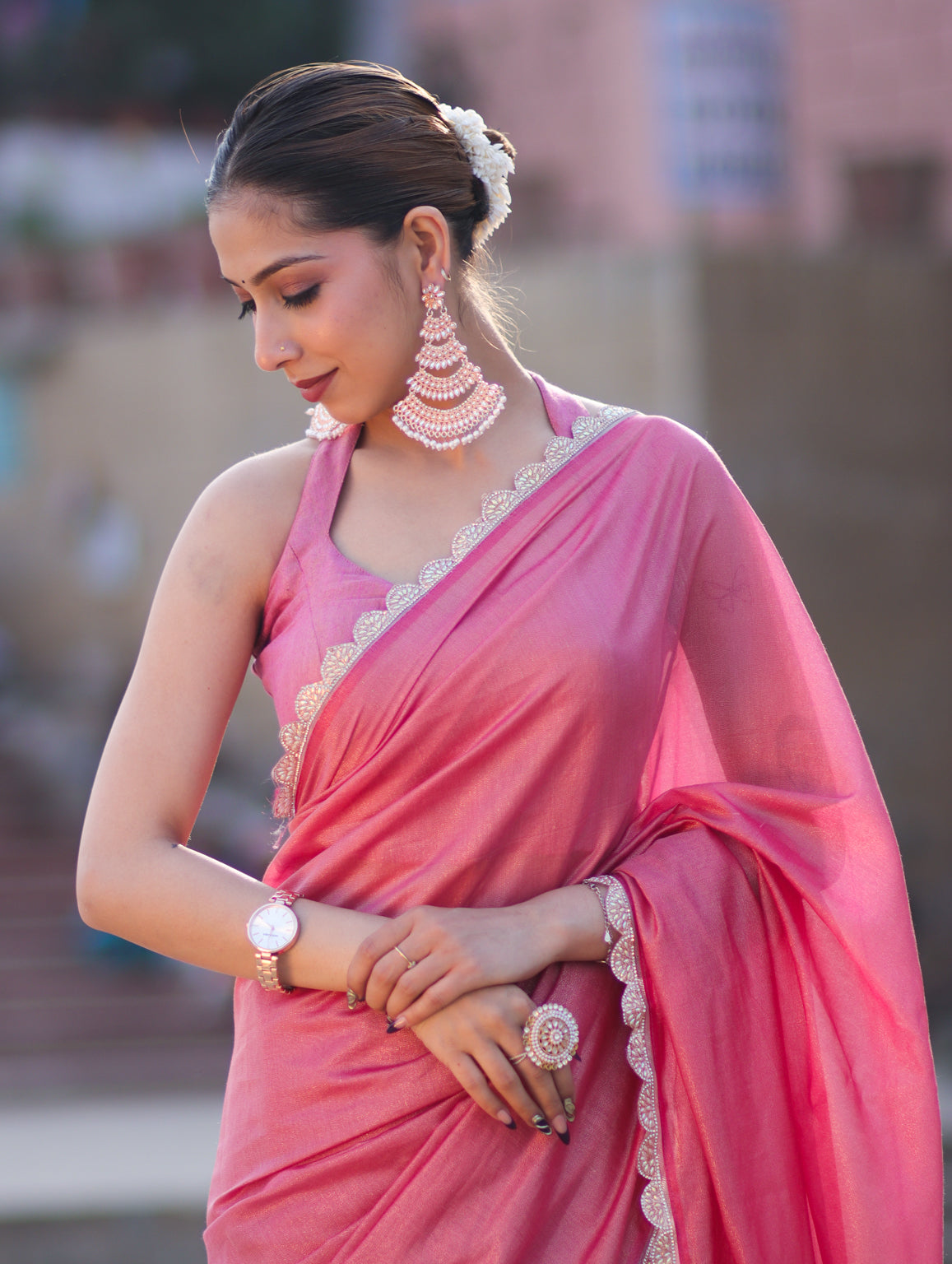 Banarasee Handwoven Shimmer Silk Saree With Lace-Pink