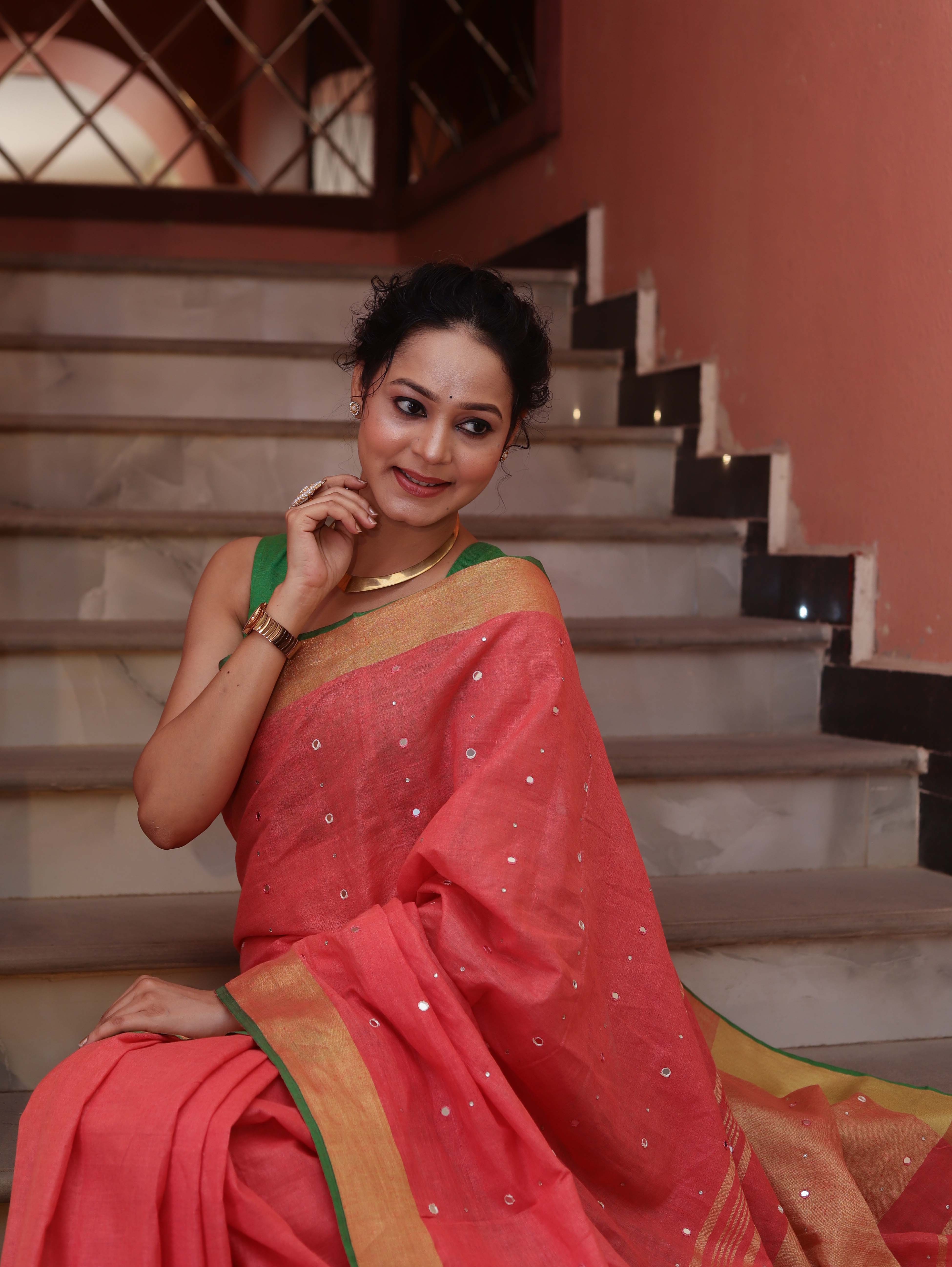 Bhagalpur Handloom Pure Linen Saree With Mirror Work & Contrast Border-Pastel Red