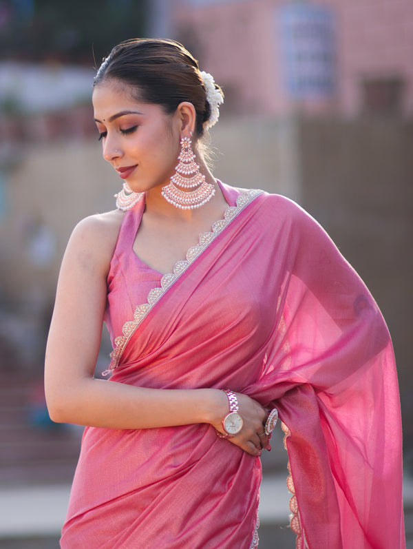 Banarasee Handwoven Shimmer Silk Saree With Lace-Pink