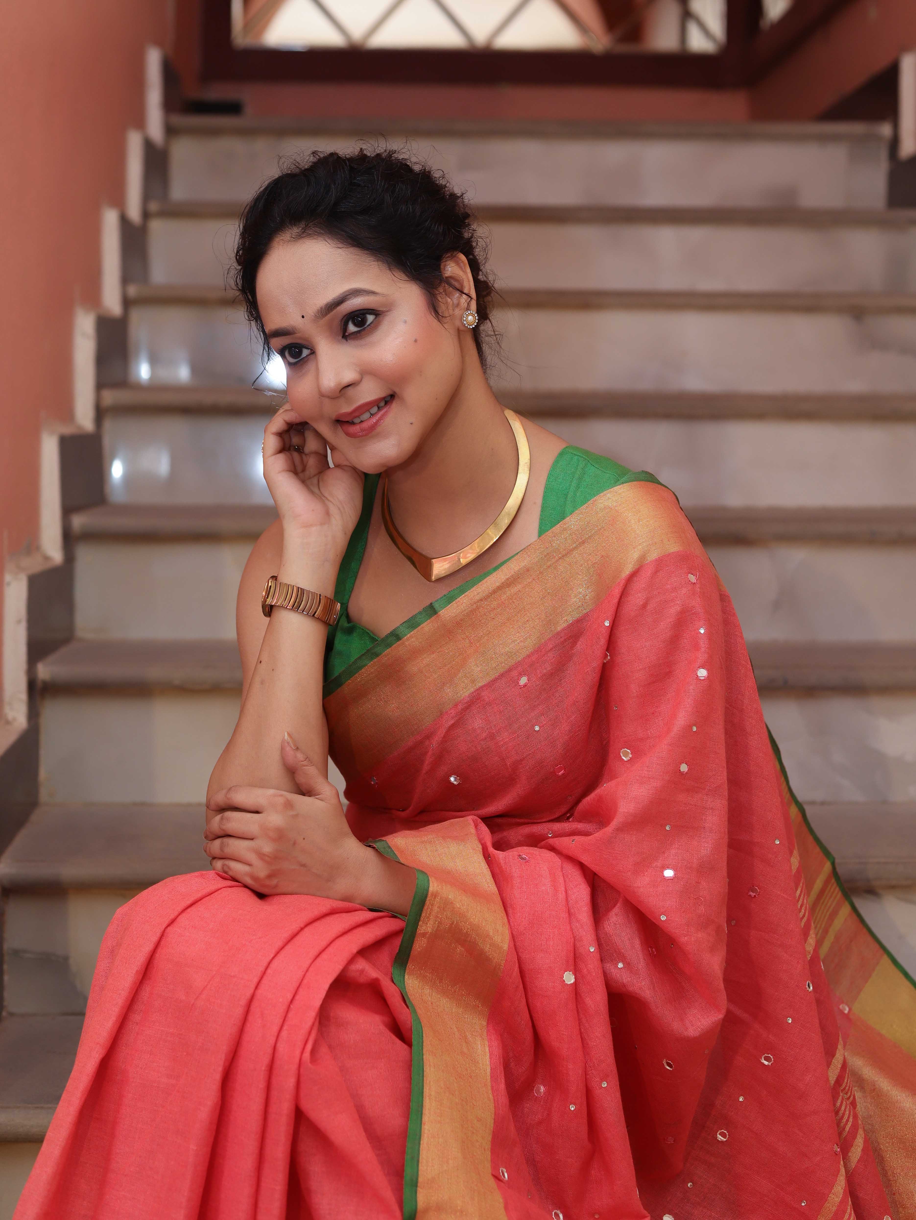 Bhagalpur Handloom Pure Linen Saree With Mirror Work & Contrast Border-Pastel Red