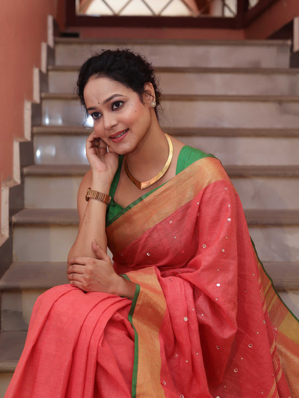 Bhagalpur Handloom Pure Linen Saree With Mirror Work & Contrast Border-Pastel Red