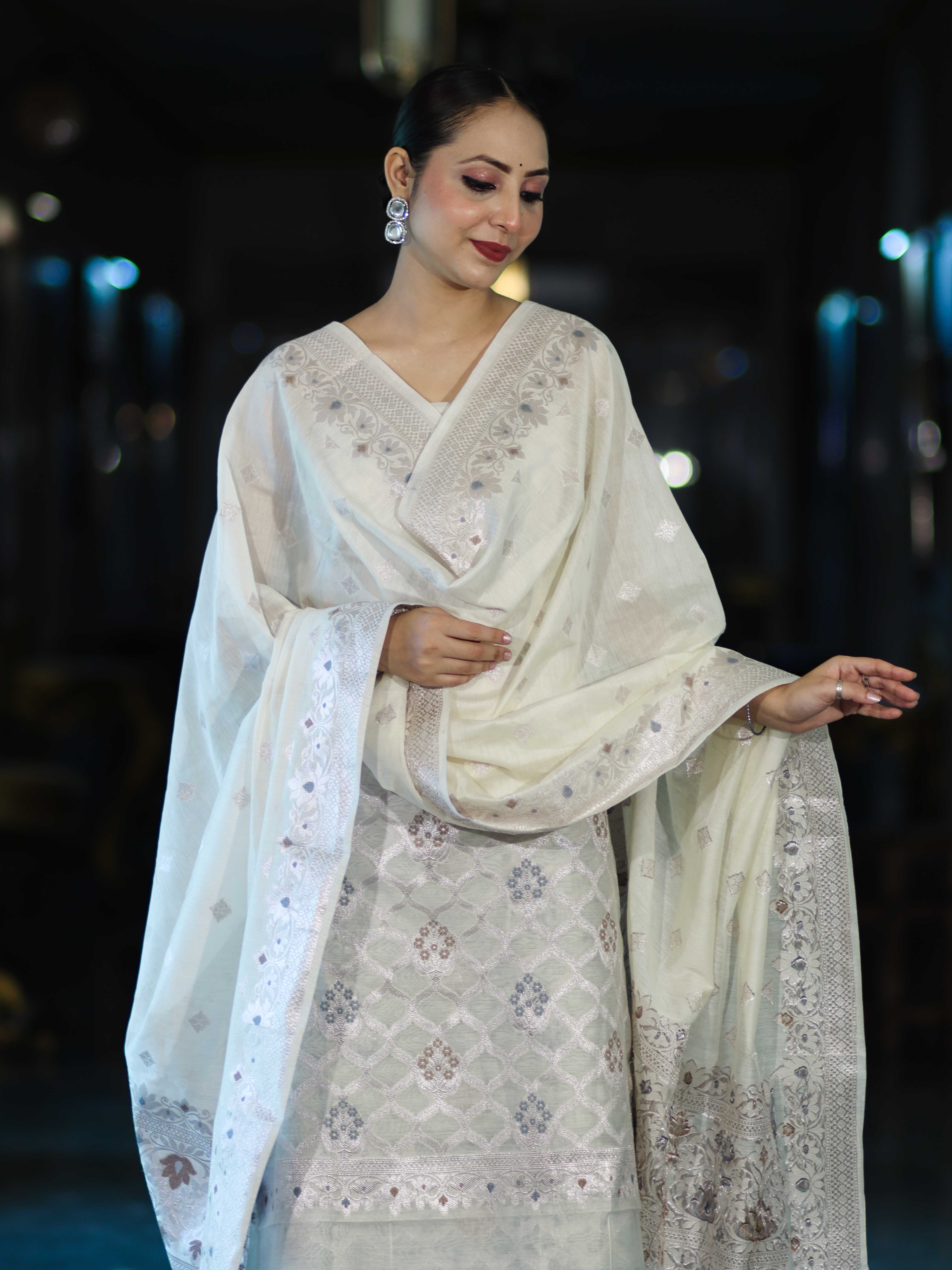 Banarasee Cotton Silk Zari Work Salwar Kameez Fabric With Dupatta Set-White
