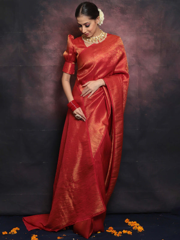 Banarasee Kubera Pattu Soft Silk Saree With Copper Zari Work-Red