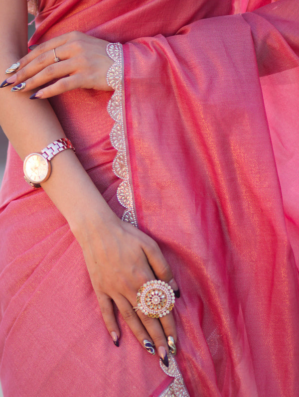 Banarasee Handwoven Shimmer Silk Saree With Lace-Pink