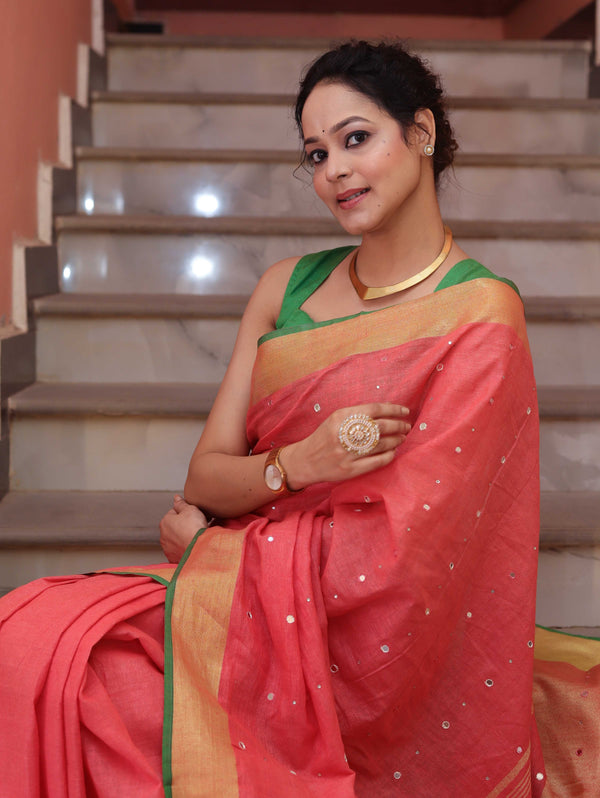 Bhagalpur Handloom Pure Linen Saree With Mirror Work & Contrast Border-Pastel Red