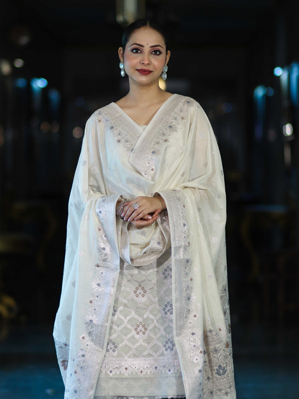 Banarasee Cotton Silk Zari Work Salwar Kameez Fabric With Dupatta Set-White