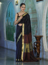 Banarasee Handloom Cotton Silk Plain Saree With Contrast Pallu & Border-Black & Brown