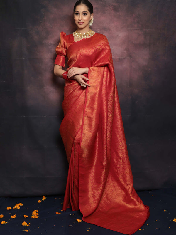 Banarasee Kubera Pattu Soft Silk Saree With Copper Zari Work-Red