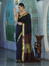 Banarasee Handloom Cotton Silk Plain Saree With Contrast Pallu & Border-Black & Brown