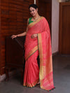 Bhagalpur Handloom Pure Linen Saree With Mirror Work & Contrast Border-Pastel Red