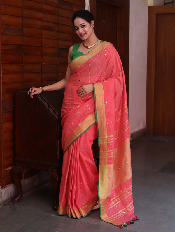 Bhagalpur Handloom Pure Linen Saree With Mirror Work & Contrast Border-Pastel Red