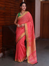 Bhagalpur Handloom Pure Linen Saree With Mirror Work & Contrast Border-Pastel Red