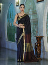 Banarasee Handloom Cotton Silk Plain Saree With Contrast Pallu & Border-Black & Brown