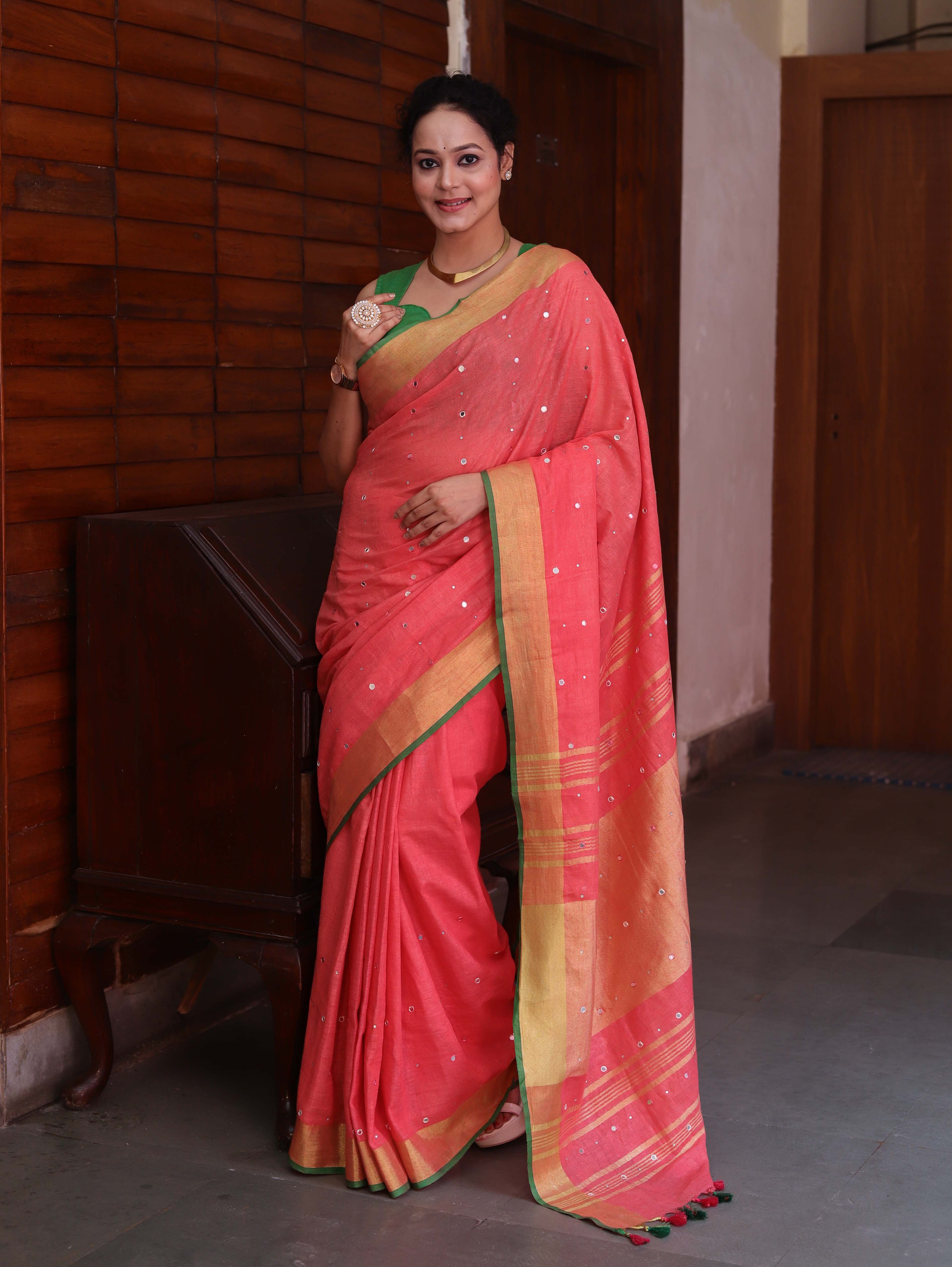 Bhagalpur Handloom Pure Linen Saree With Mirror Work & Contrast Border-Pastel Red